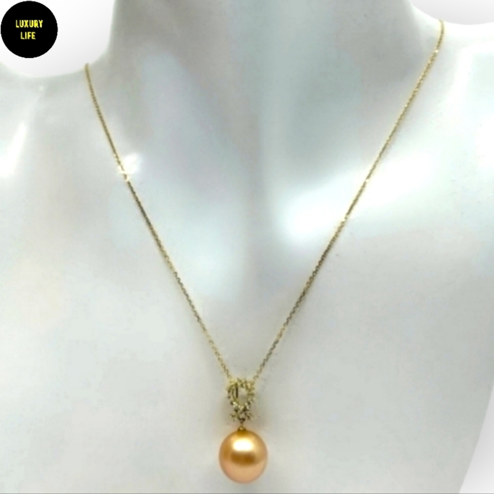 18K Yellow Gold Golden South Sea Pearl Diamond Pendant Necklace - Picture 2 of 14